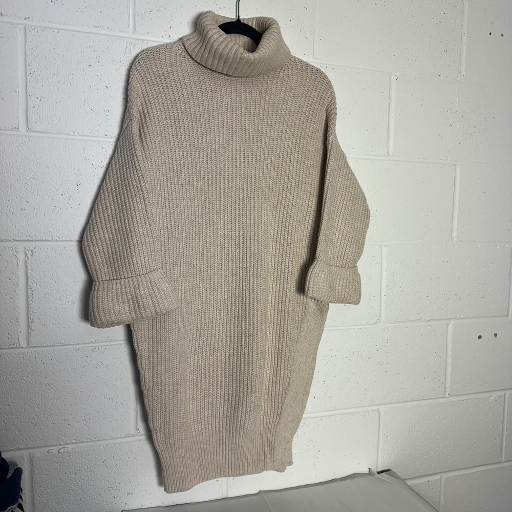 Moth Anthropologie cream Chunky Knit Turtleneck Sweater Dress Side Slit XS - Picture 2 of 4